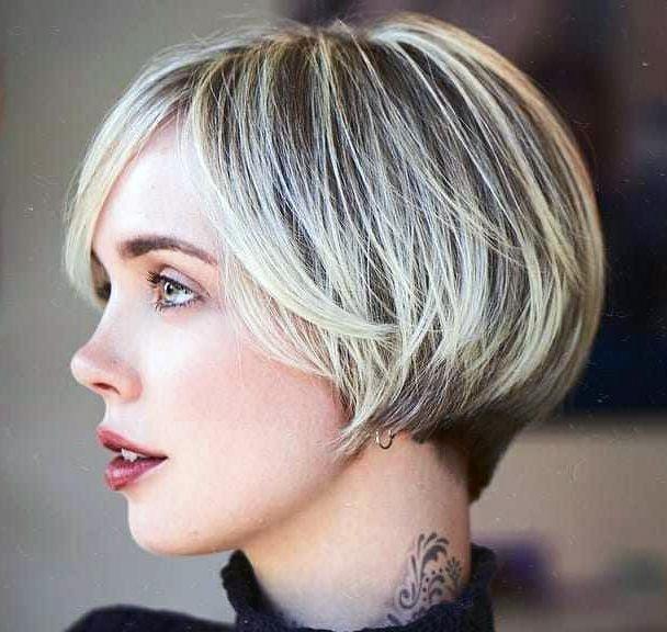 Glamorous Dark Rooted Ashy Blonde Highlighted Short Pageboy Womens Hairstyle