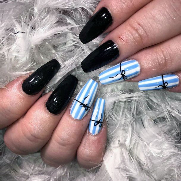 Glamorous Long Ballerina Blue And White Stripes Polished Black Nail Ideas For Women