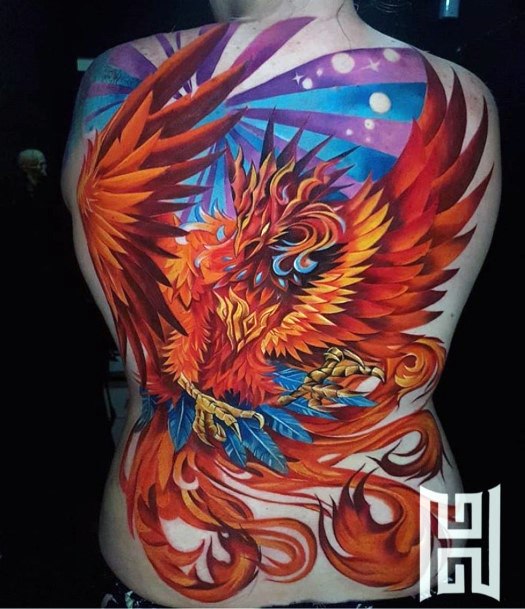 Glamorous Red And Blue Phoenix Tattoo Womens Back