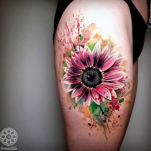 Glamorous Watercolor Flower Tattoo Womens Legs