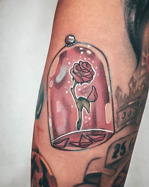 Glass Dome Fallen Rose Pedals Arm Remarkable Womens Beauty And The Beast Tattoo Ideas