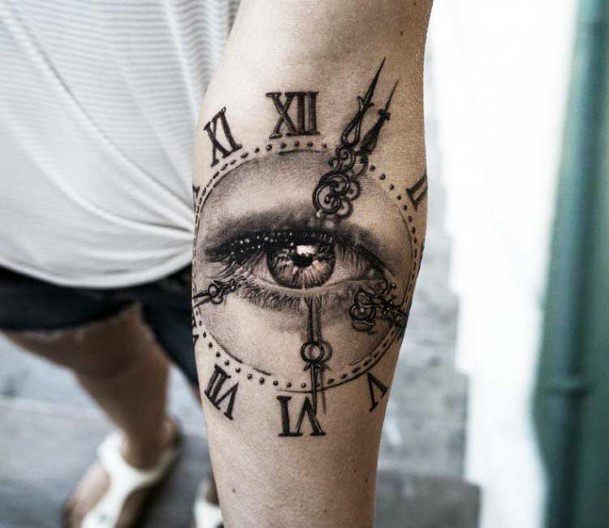 Glassy Eye And Clock Tattoo Womens Arms