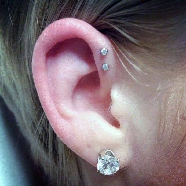 Glassy Large Diamond Lobe And Trendy Double Forward Helix Piercing Ideas For Girls