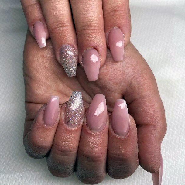 Glassy Light Pink Nails With Silvery Accent Women