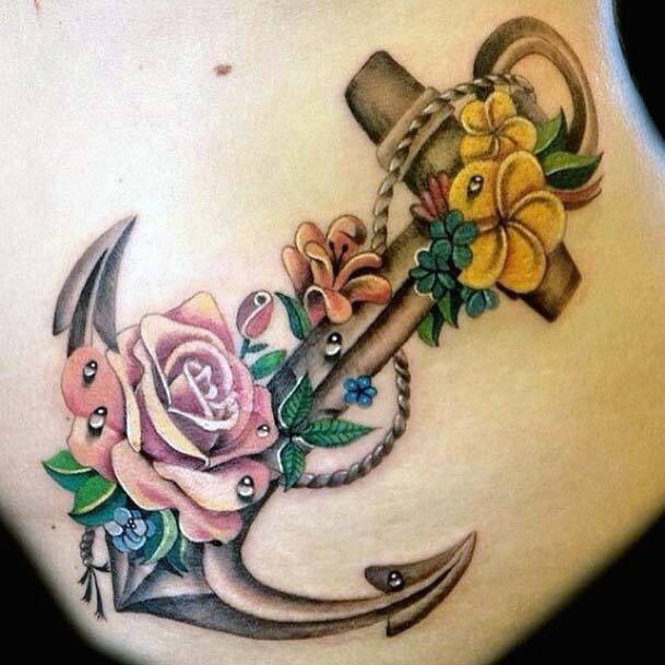 Gleaming Anchor And Flowers Tattoo Women