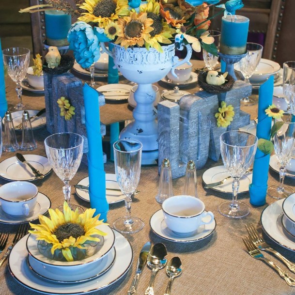 Gleaming Blue And Burlap Table Decor Wedding