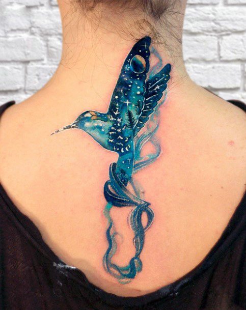 Gleaming Blue Hummingbird Tattoo Womens Back