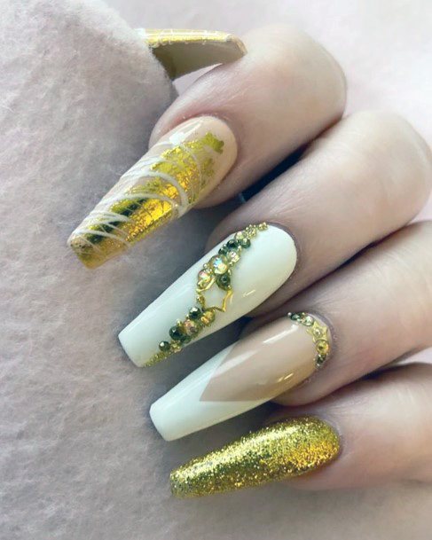 Gleaming Gold And White Nails