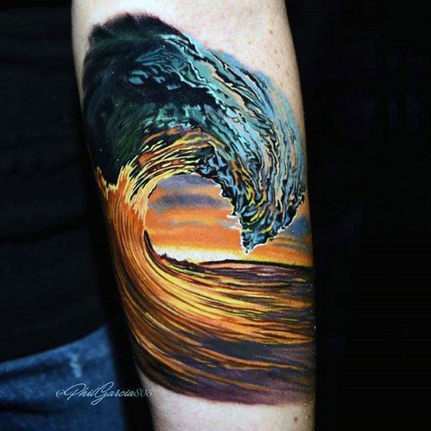 Gleaming Orange And Grey Wave Women Tattoo