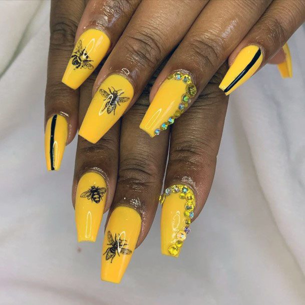 Gleaming Yellow Nails With Honey Bee Women