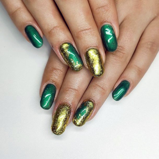 Glimmering Gold Foil On Green Nails Women