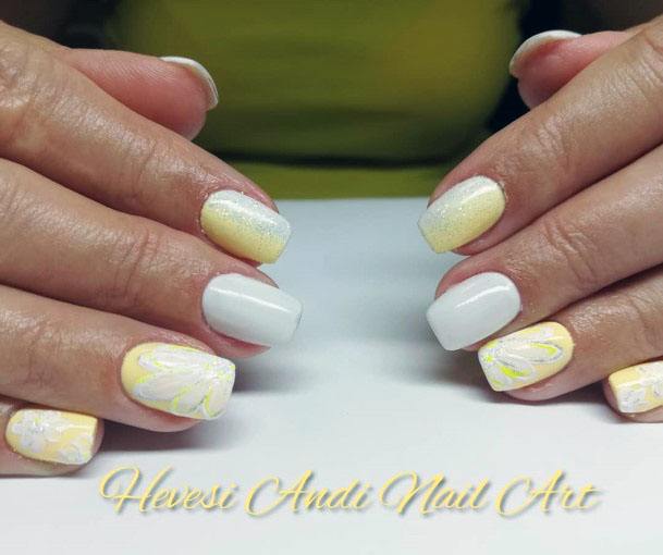 Glimmering White And Yellow Flower Design Cute Nails For Ladies