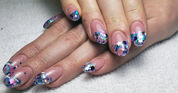 Glinting Blue Sparkle Tipped Nude Nails Birthday