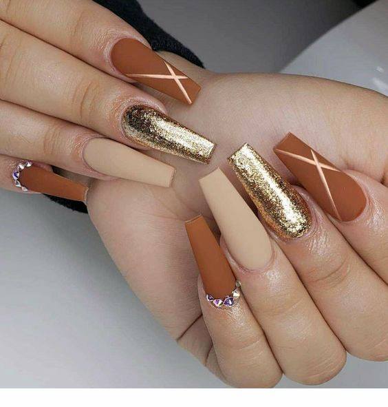 Glinting Golden Brown Long Nails Women