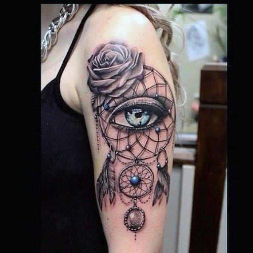 Glistening Eye And Rose Dream Catcher Tattoo Women Arms