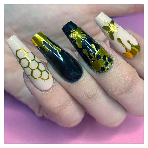 Glistening Gold And Black Bee Nails For Women