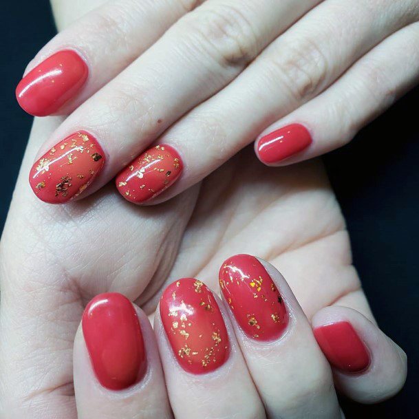 Glistening Gold Sparkly Red Orange Nails For Women