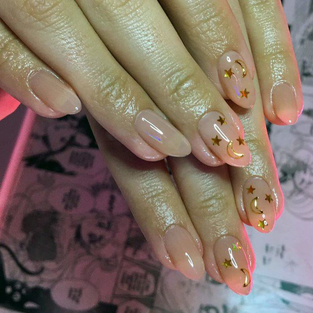 Glistening Golden Moon And Stars On Nails Women