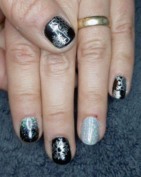 Glistening Silver And Black Art On Nails Women