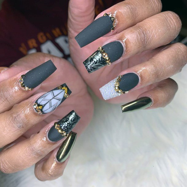 Glitening Golden Crystals On Long Nails Women