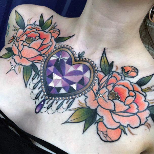 Glitening Purple Stone And Flowers Tattoo Womens Chest