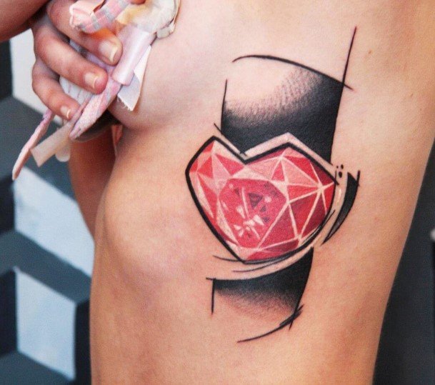Gliterring Red Heart Gem Tattoo Womens Torso