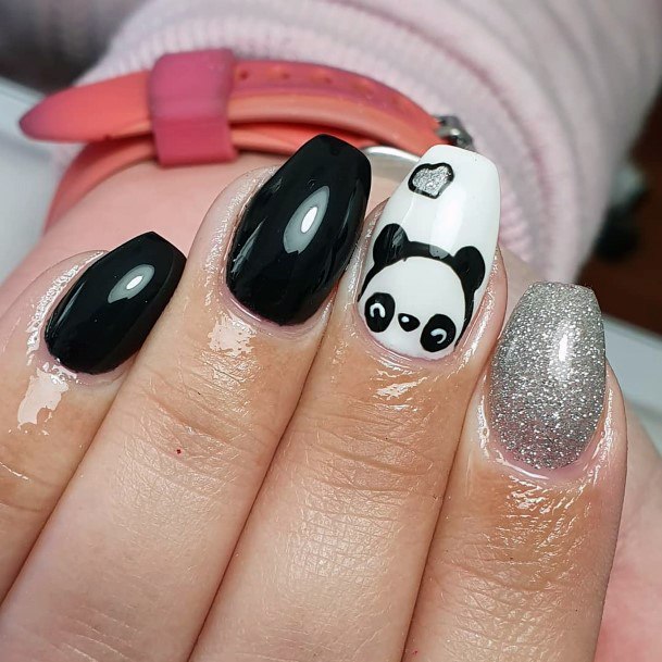 Glitter Black And Panda Nails