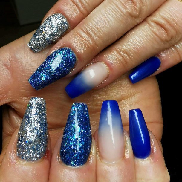 Glitter Silver And Blue Nails Women