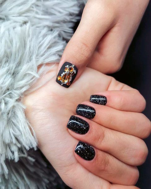 Glittering Black Nails And Royal Embellishment For Women