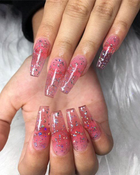 Glittering Blue On Clear Pink Nails Women