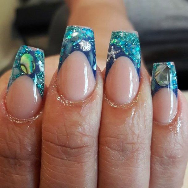 Glittering Blue Water Nails Tips Women