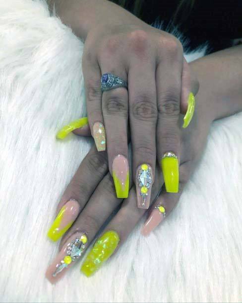 Glittering Bright Yellow Nails For Women