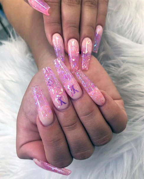 Glittering Clear Pink Nails Women