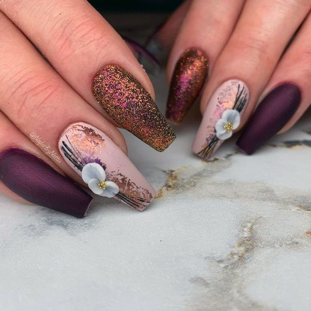 Glittering Dark Purple And Brown 3d Flower Nails Women