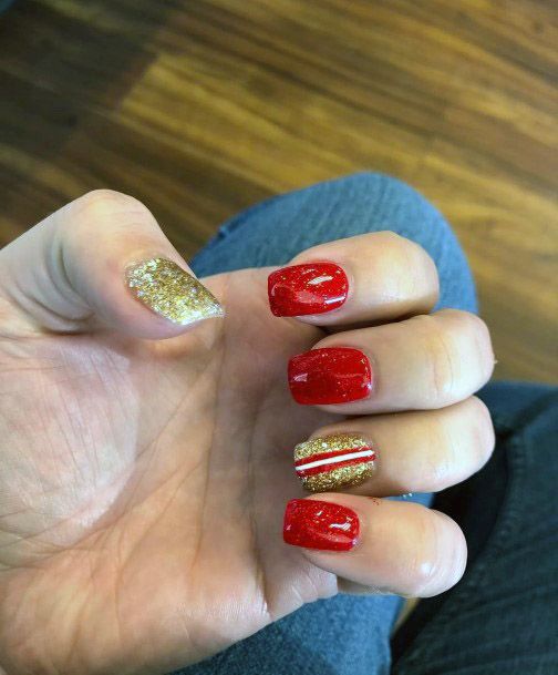 Glittering Gold And Red Nails Women