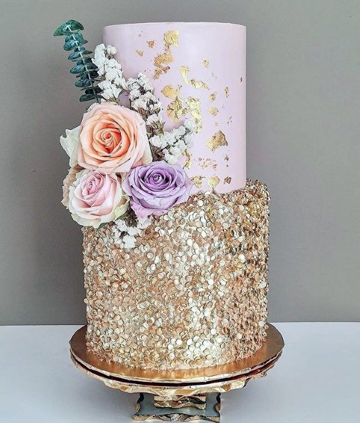 Glittering Gold And White Wedding Cake