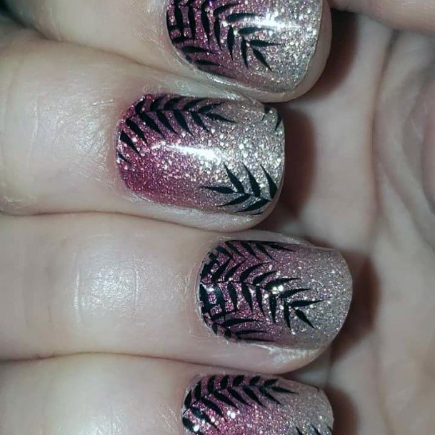 Glittering Nails With Black Leaves