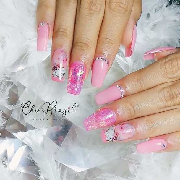 Glittering Pink Hello Kitty Nails