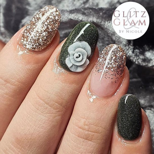 Glittering Silver And Green Nails Golden Sparkles Women