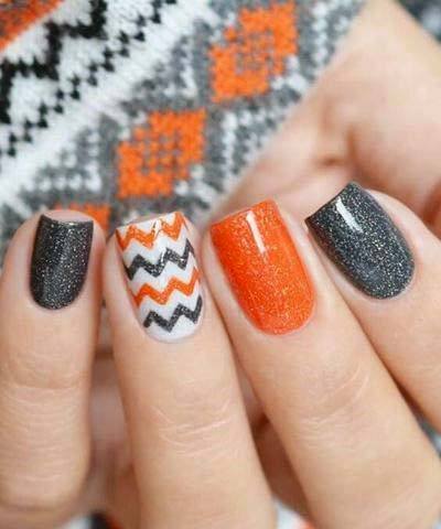 Glitters Orange Grey Art Fall Nail Design