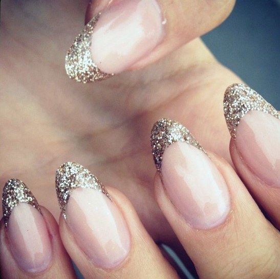 Glitz And Glamour Tipped Nude Nails Almond Shape
