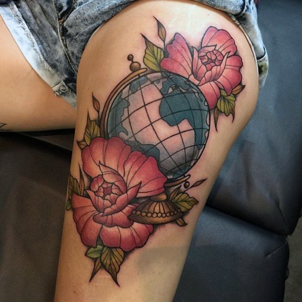 Globe And Roses Tattoo Womens Thighs