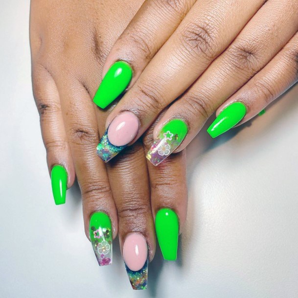 Gloral Glitters On Neon Green Nails