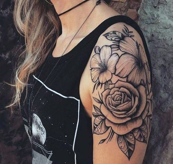 Glorious Grey Roses Tattoo Womens Half Sleeve