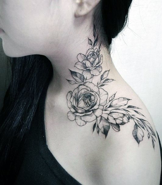 Glorious Rose Blossom Pencil Art Neck Tattoo Women