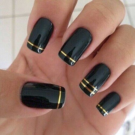 Glossy Black And Gold Nails