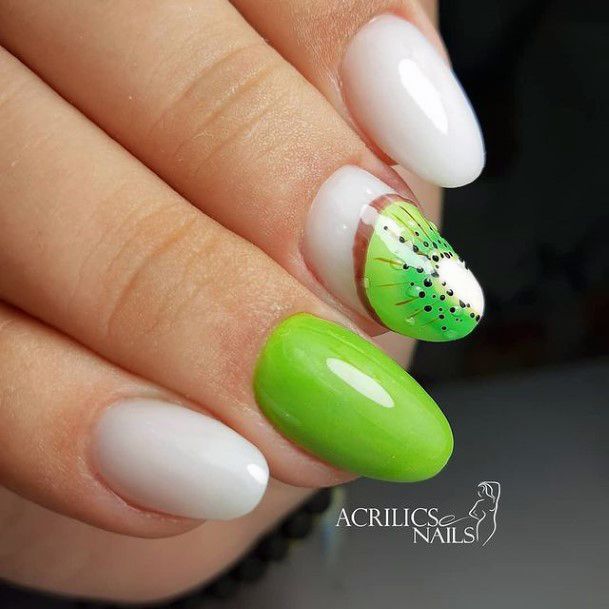 Glossy Almond Nails White And Kiwi Women