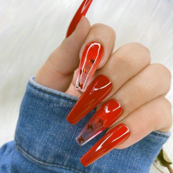 Glossy Beautiful Red Butterfly Fall Ombre Nails Inspiration For Women