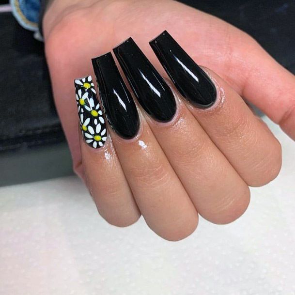 Glossy Black Coffin Nails With Glitter Accent Women
