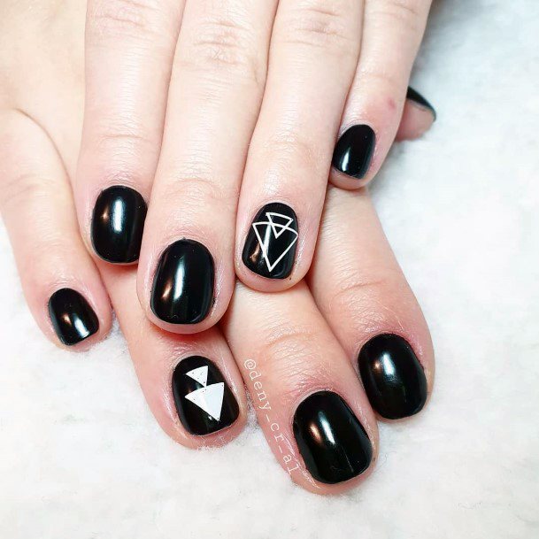 Glossy Black Cool White Triangle Nails Design For Girls